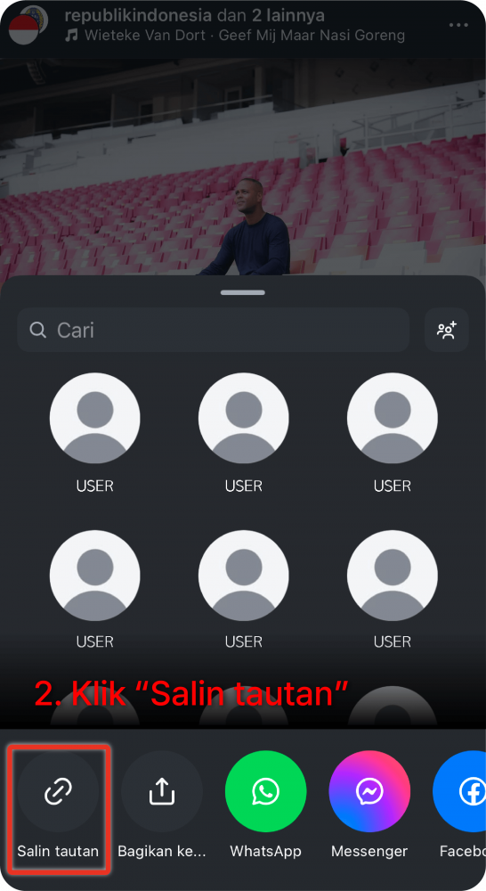Mobile view of an Instagram post share menu section showing the ‘Copy link’ button highlighted and ‘2. click copy link’ instruction.
